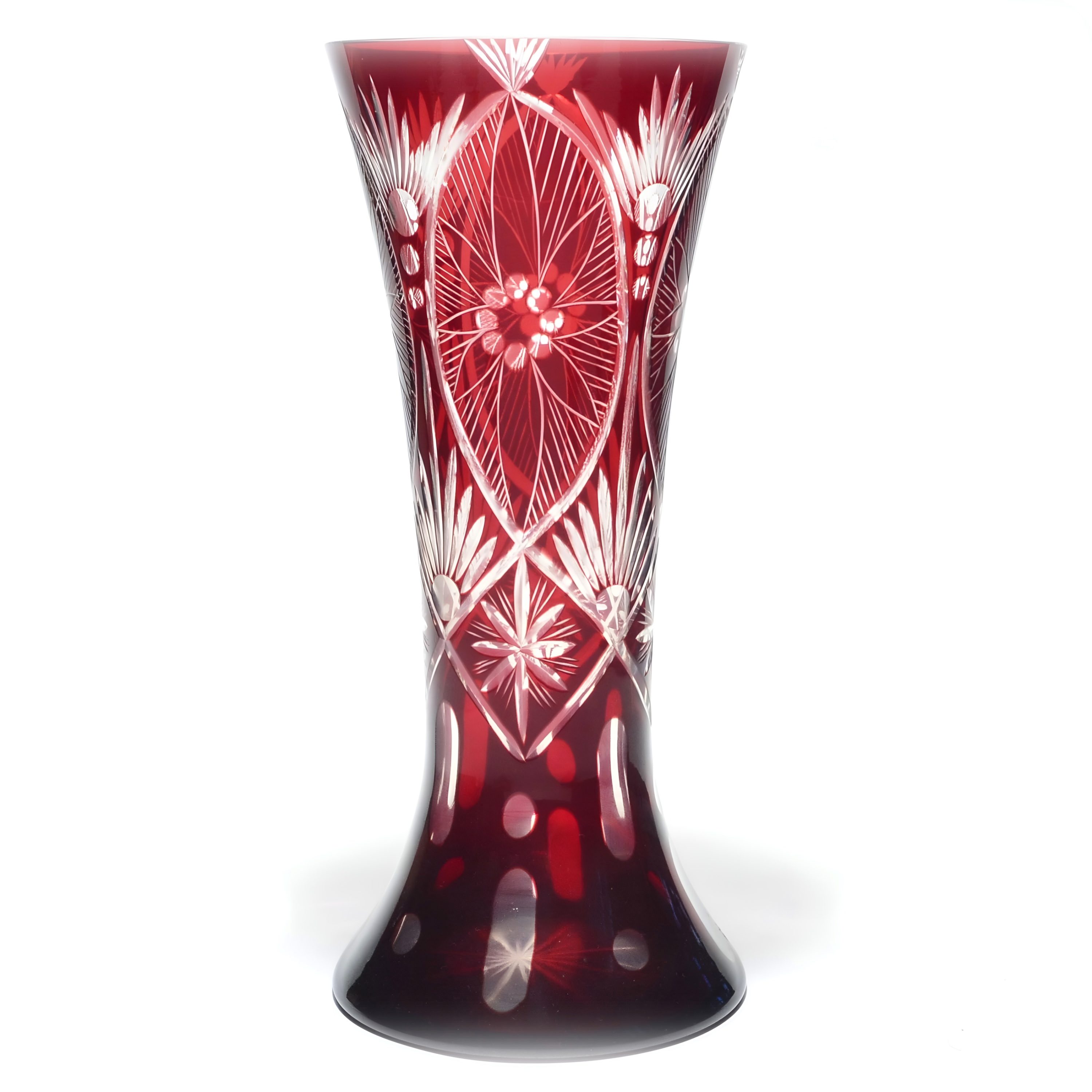 Böhmische Rote Kristallvase Aus Geschliffenem Glas, Mit Blumenmuster, Burgunder Bleikristallvase, Art Deco Graviertes Wohnaccessoire